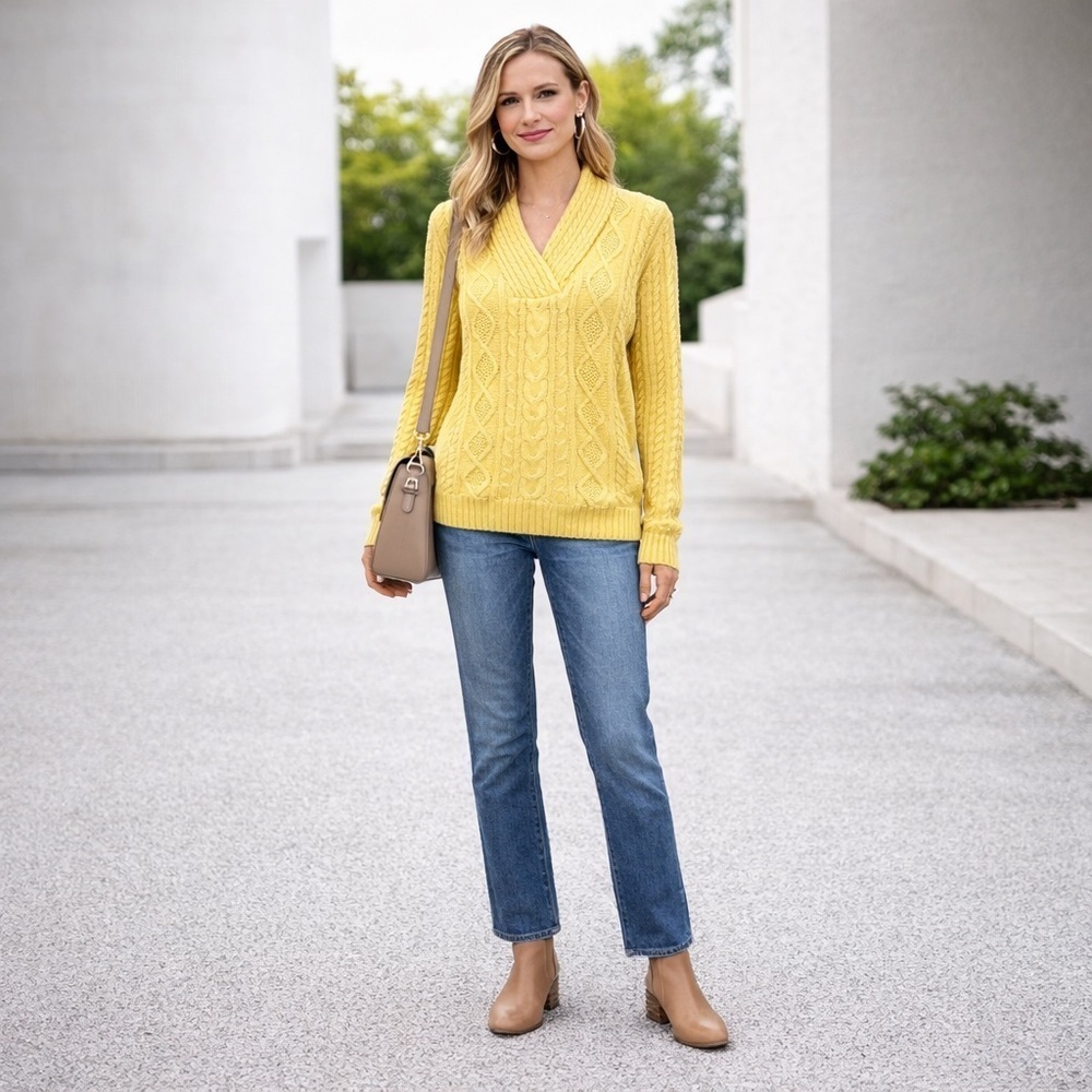JEANNE PIERRE Yellow V-Neck Cable Knit Long Sleeve Sweater 100% Cotton Sz Large